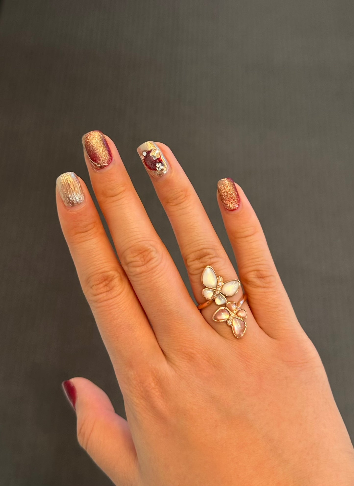 Pink and White Mother of Pearl Fancy Diamond Butterfly Ring