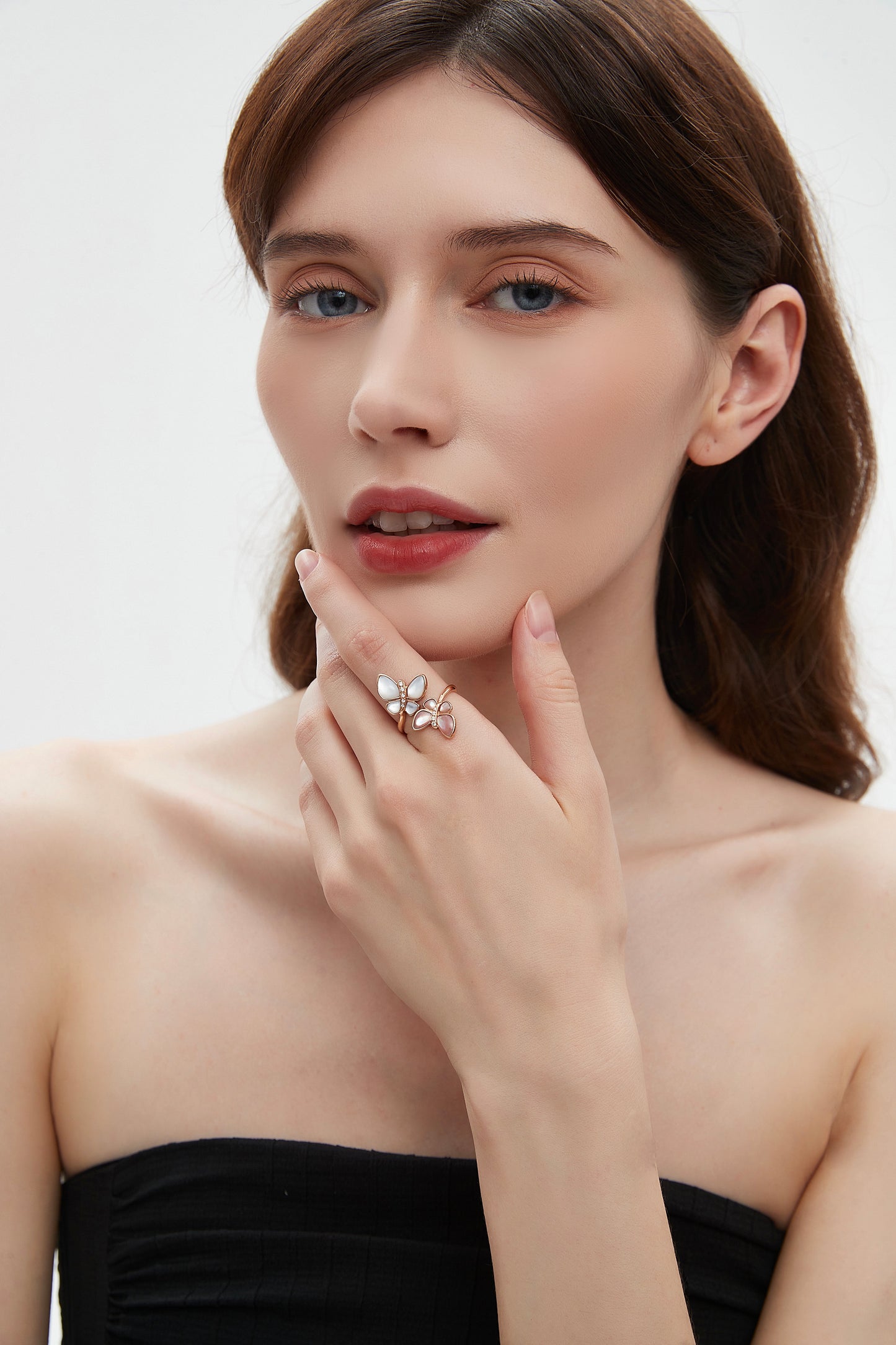 Pink and White Mother of Pearl Fancy Diamond Butterfly Ring