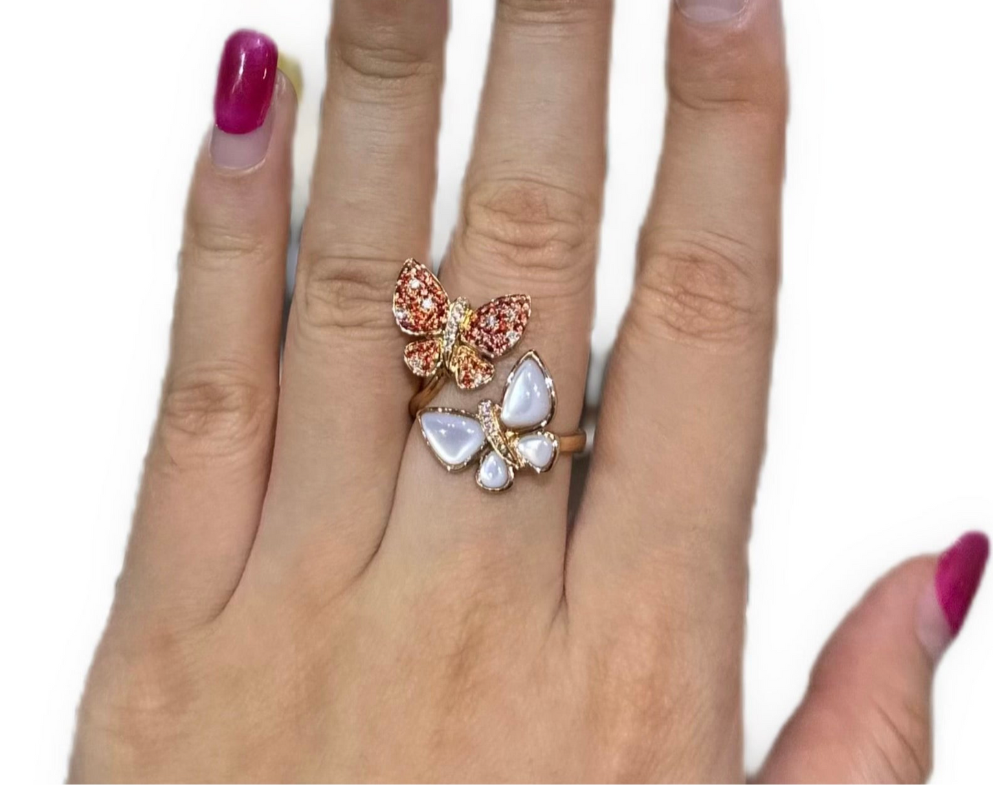 Red Pink Sapphire Fancy Diamond Mother of Pearl Butterfly Ring