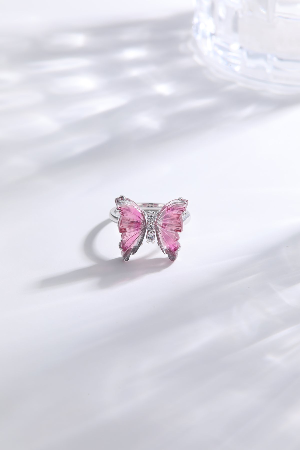 Bi-color Pink-White Tourmaline Butterfly Ring with Diamond