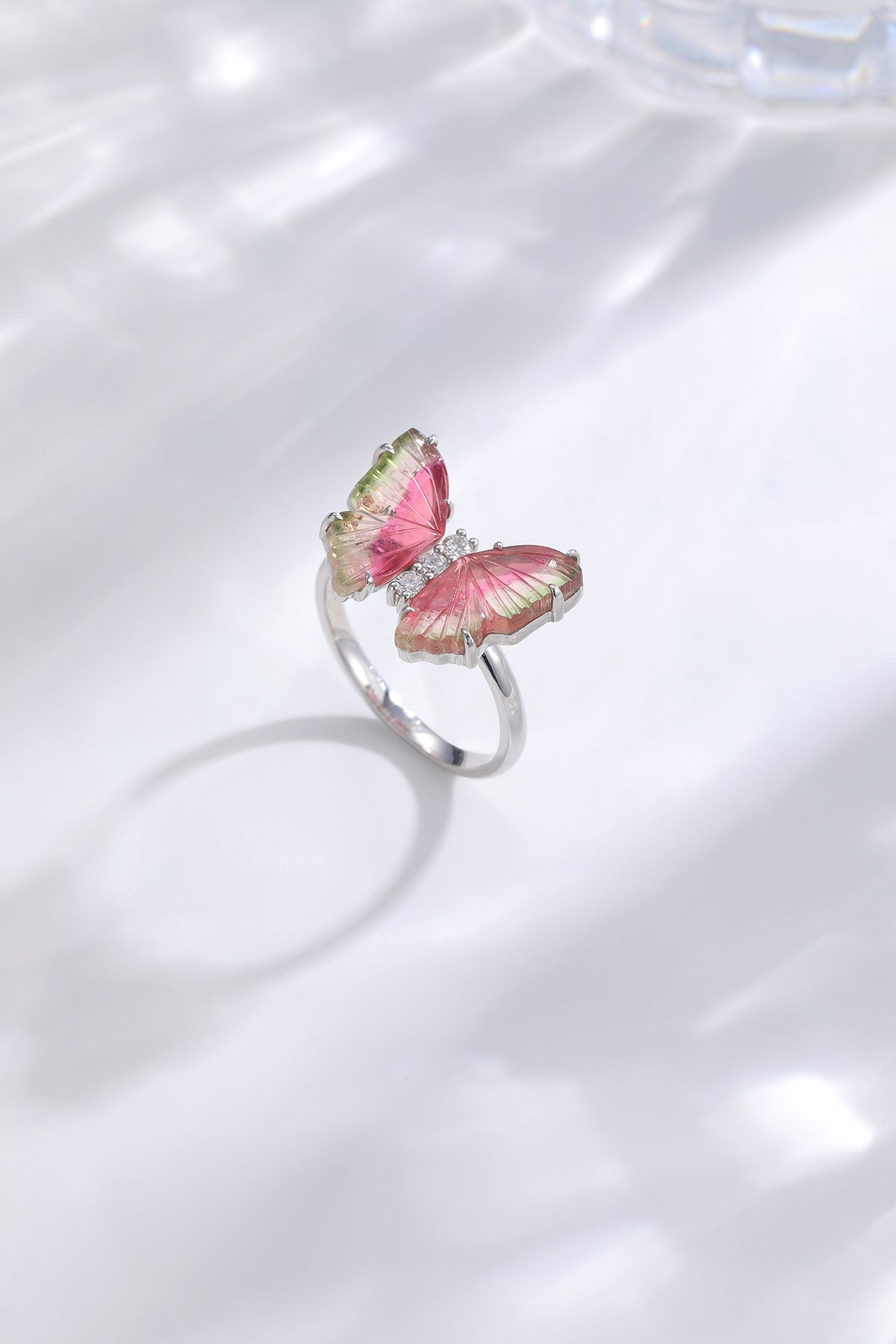 Bi-Color Pink Green Tourmaline Butterfly Ring with Fancy Diamond