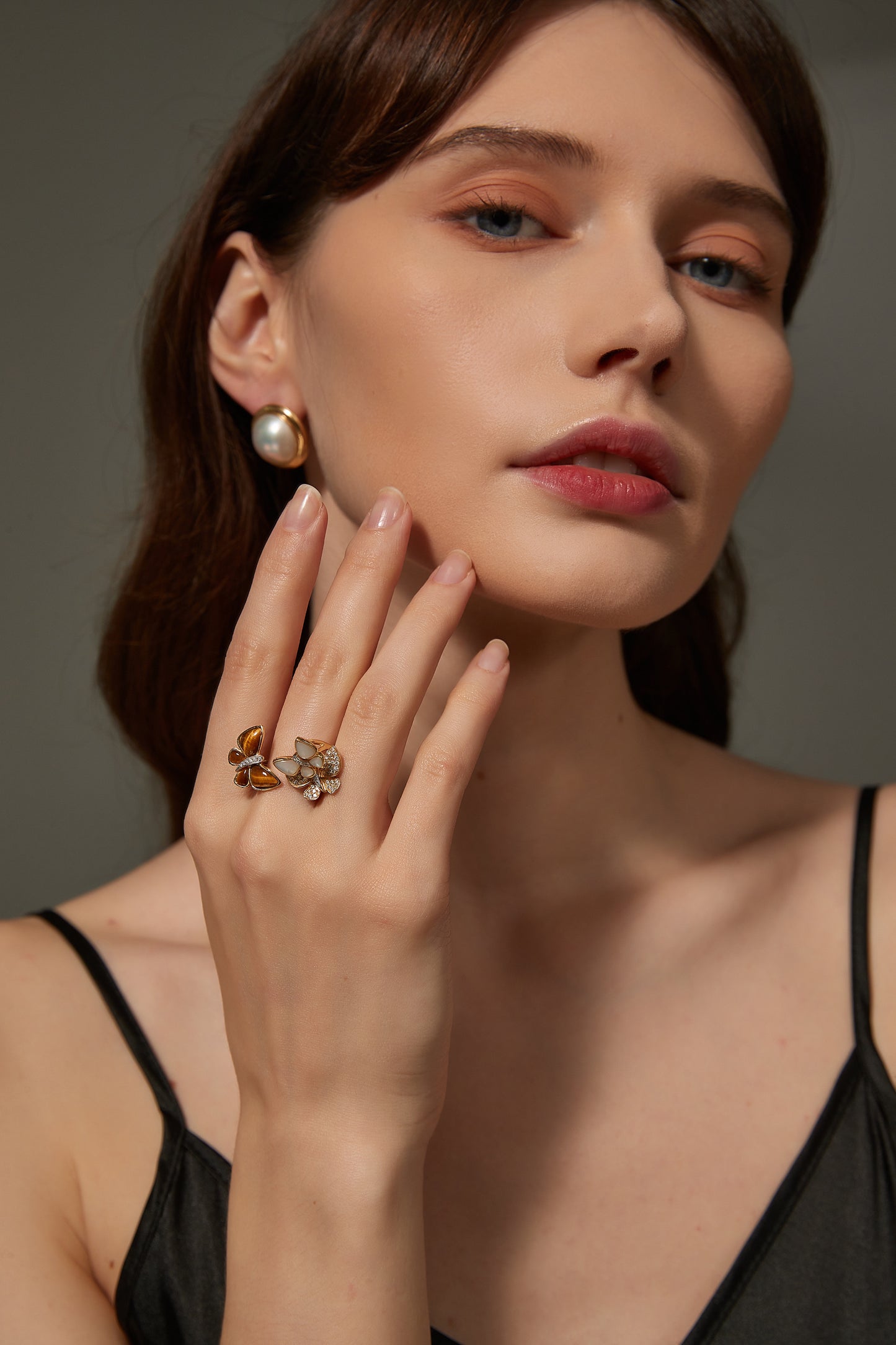 Tigers Eye, Mother of Pearl Butterfly Ring with Fancy Diamond
