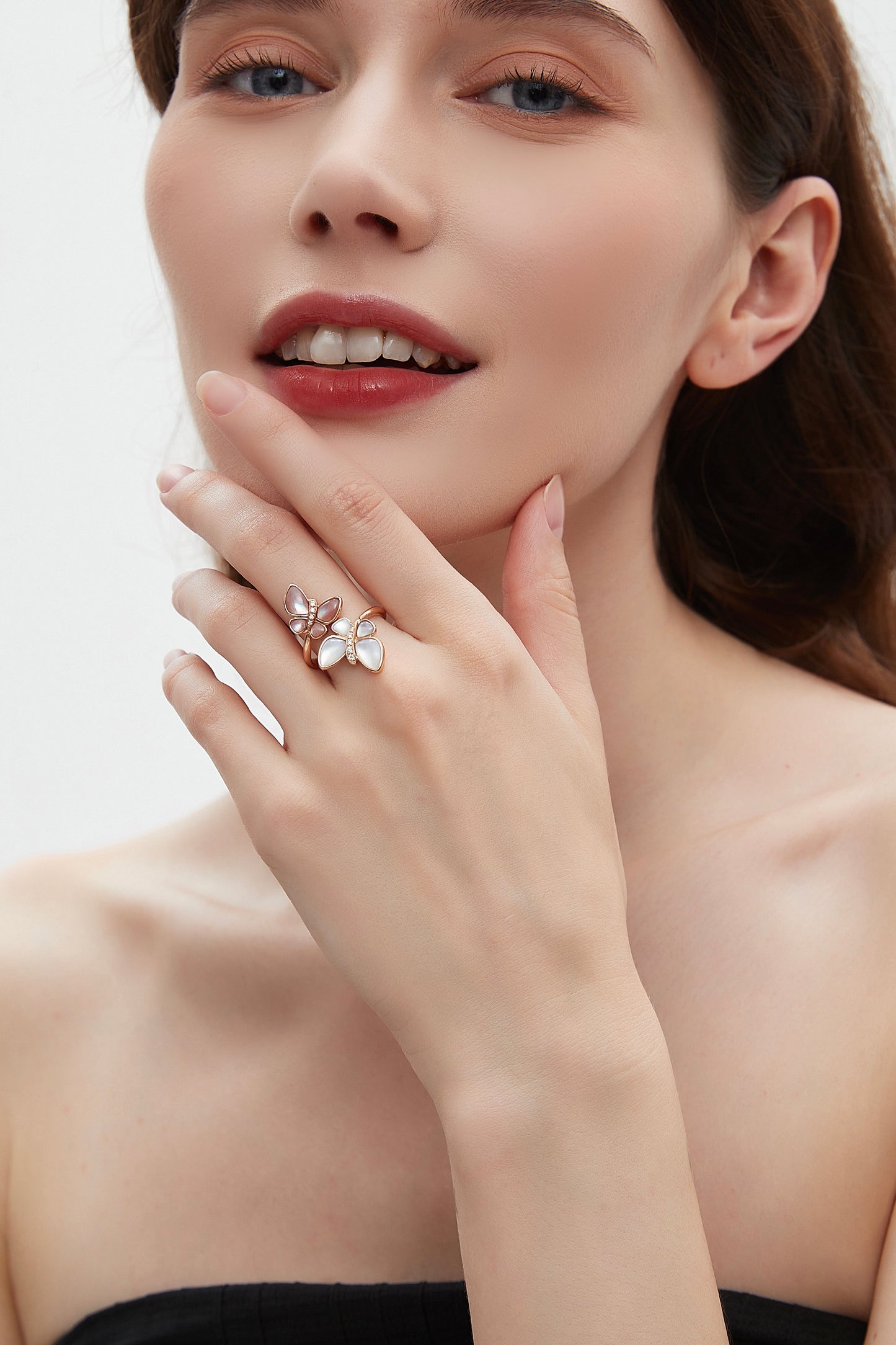 Pink and White Mother of Pearl Fancy Diamond Butterfly Ring