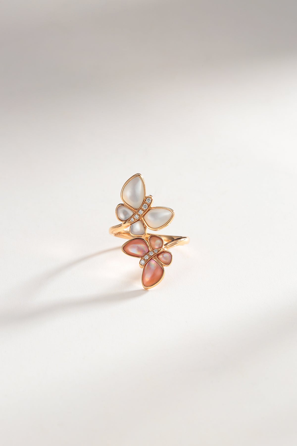 Pink and White Mother of Pearl Fancy Diamond Butterfly Ring