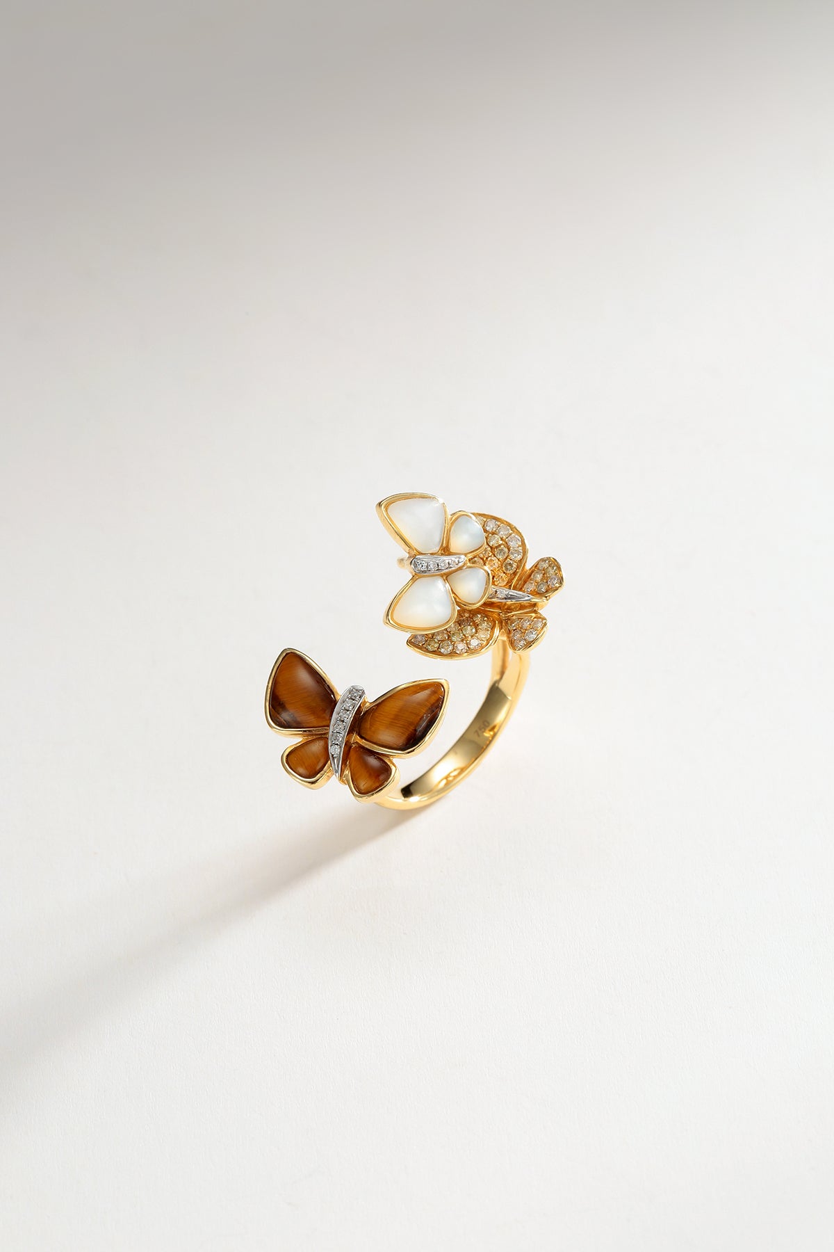 Tigers Eye, Mother of Pearl Butterfly Ring with Fancy Diamond