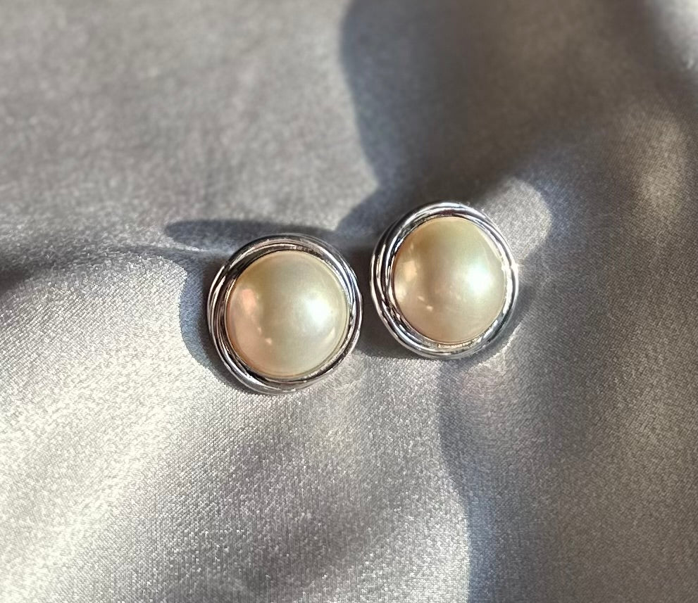 Japanese Mabe White Gold Pearl Earrings