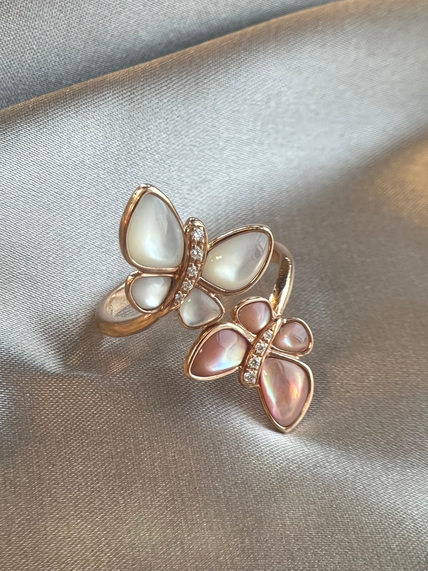 Pink and White Mother of Pearl Fancy Diamond Butterfly Ring