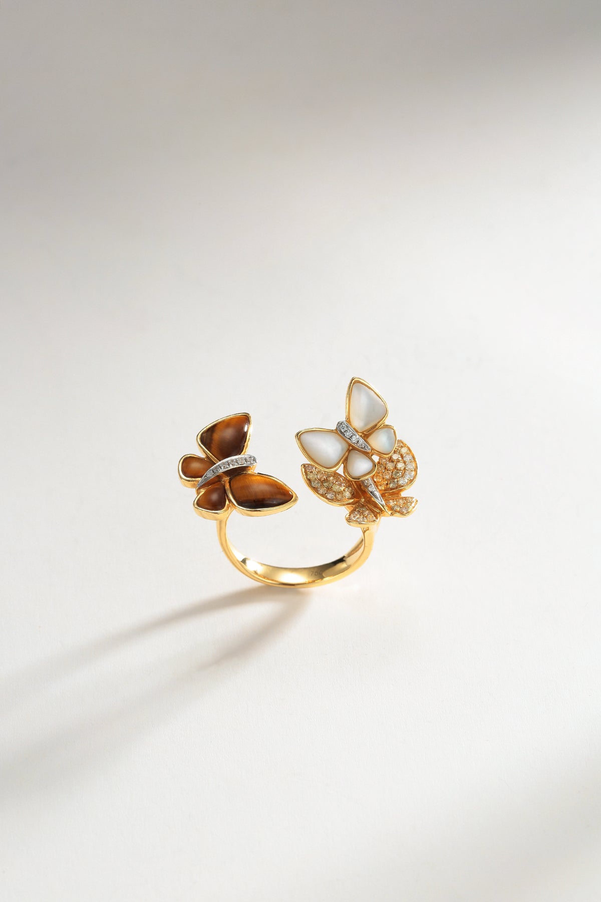 Tigers Eye, Mother of Pearl Butterfly Ring with Fancy Diamond