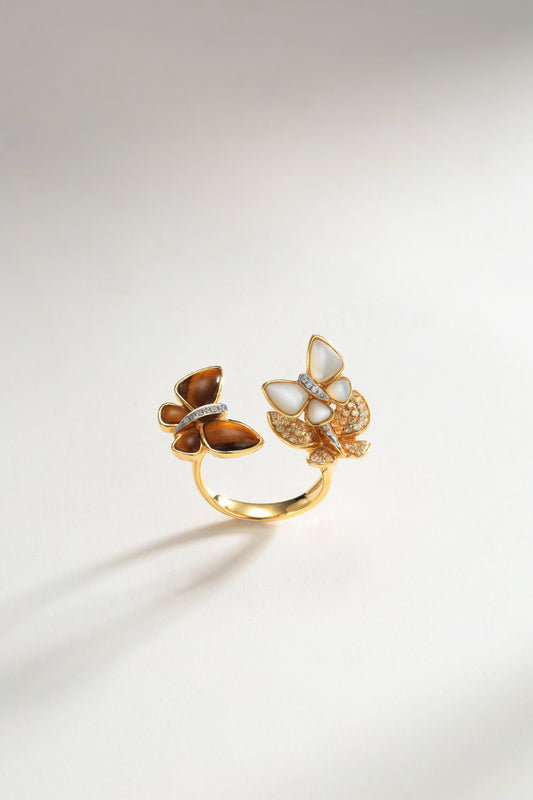 Tigers Eye, Mother of Pearl Butterfly Ring with Fancy Diamond