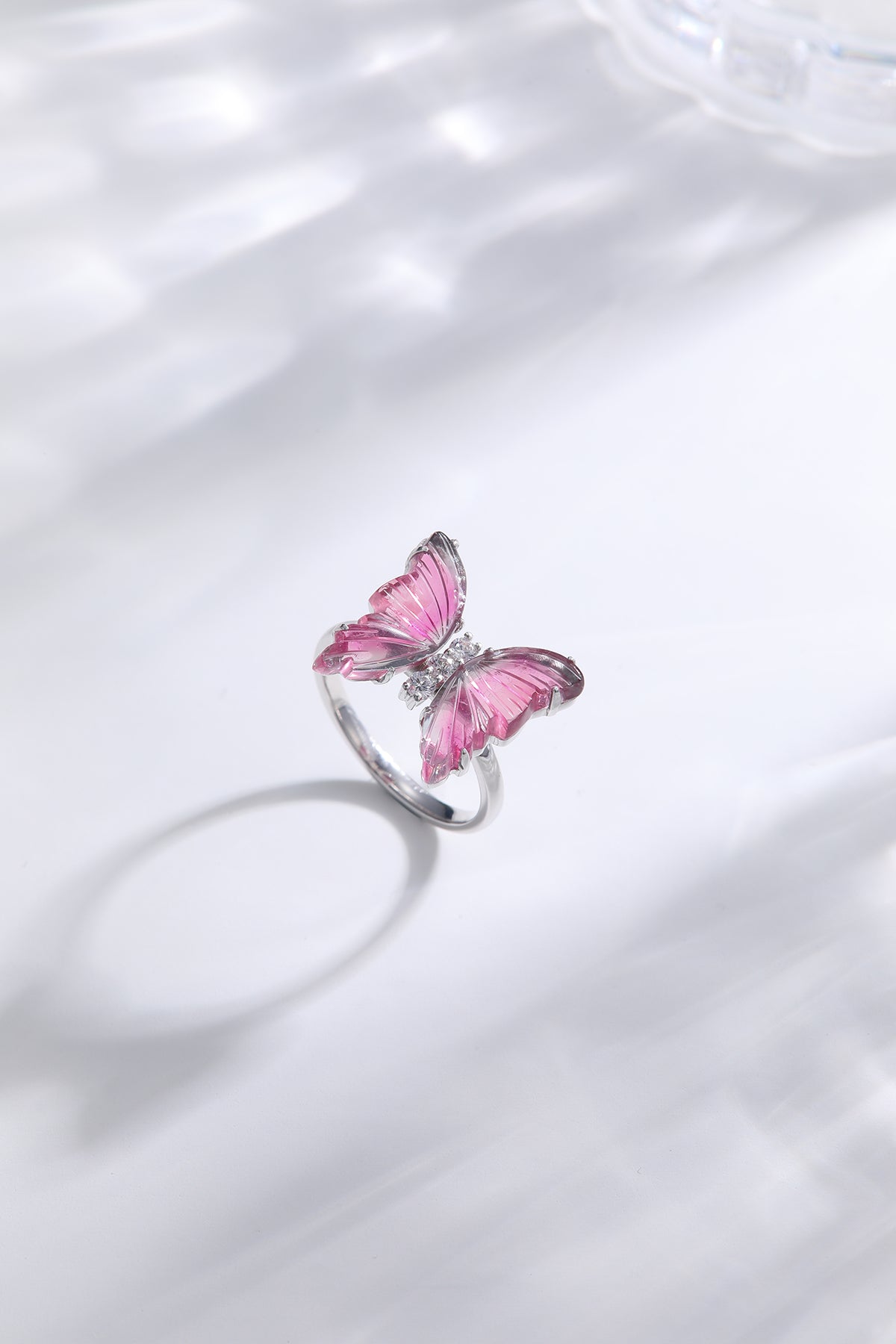Bi-color Pink-White Tourmaline Butterfly Ring with Diamond