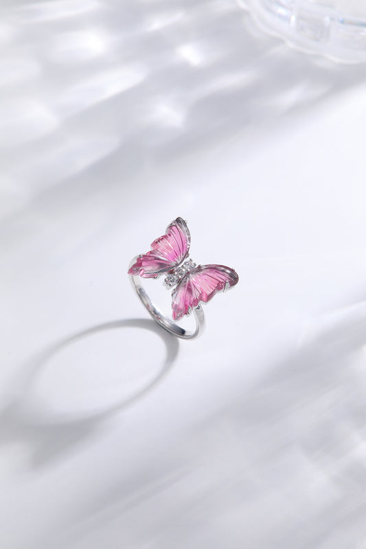 Bi-color Pink-White Tourmaline Butterfly Ring with Diamond