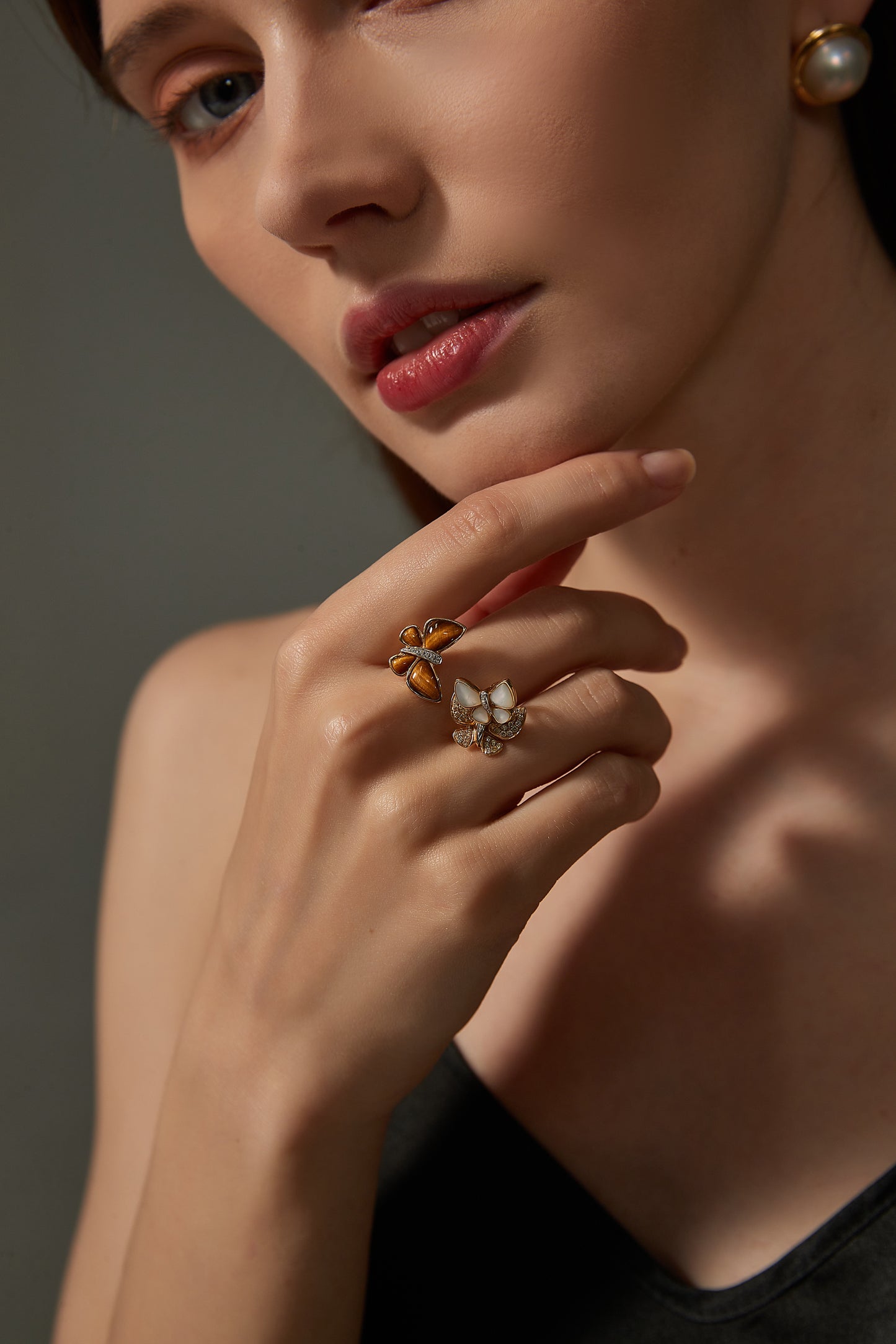 Tigers Eye, Mother of Pearl Butterfly Ring with Fancy Diamond