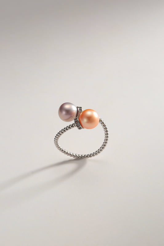 Pink and Purple Two-Pearl Threaded Freshwater Pearl Ring