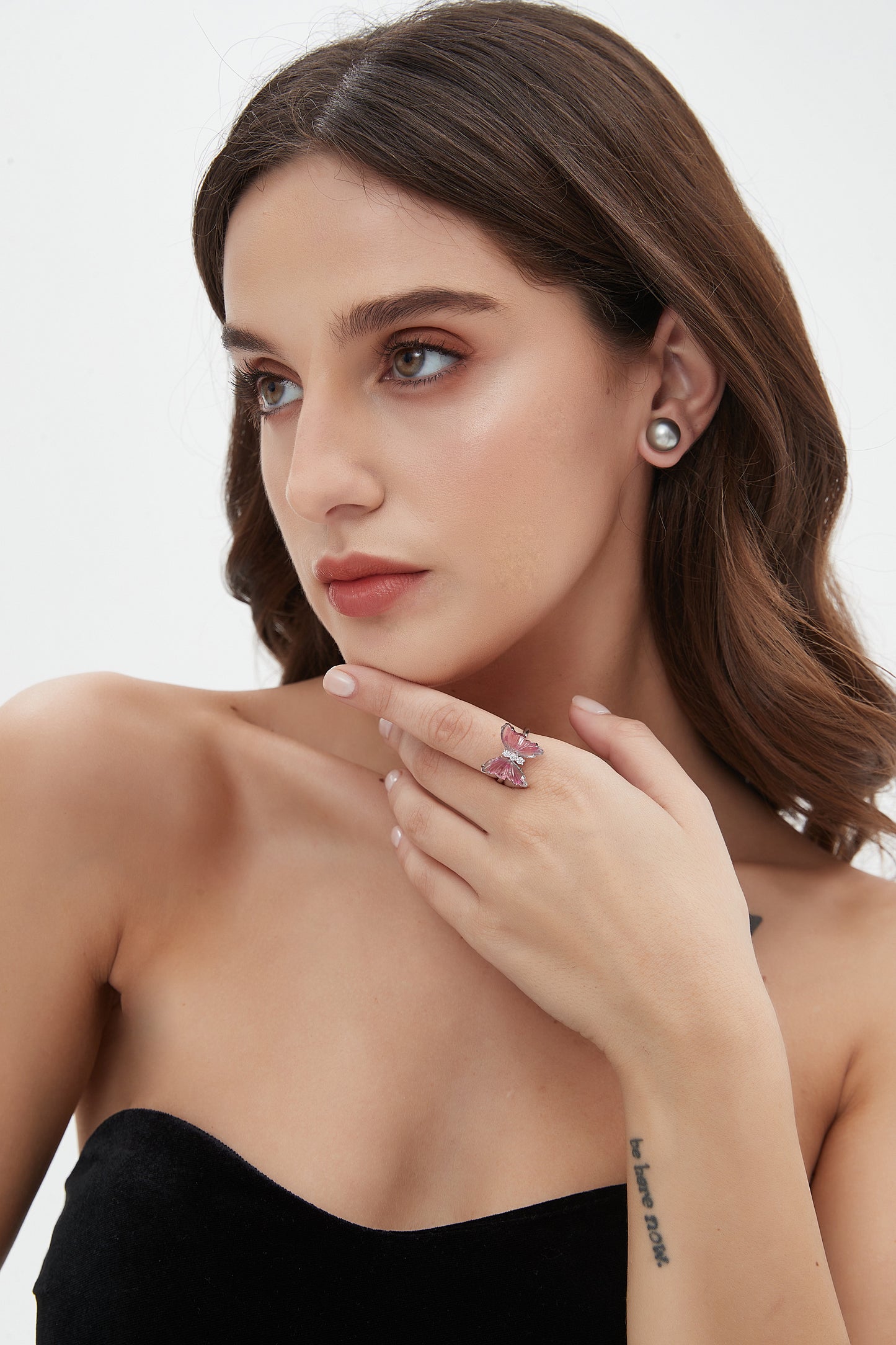Bi-color Pink-White Tourmaline Butterfly Ring with Diamond