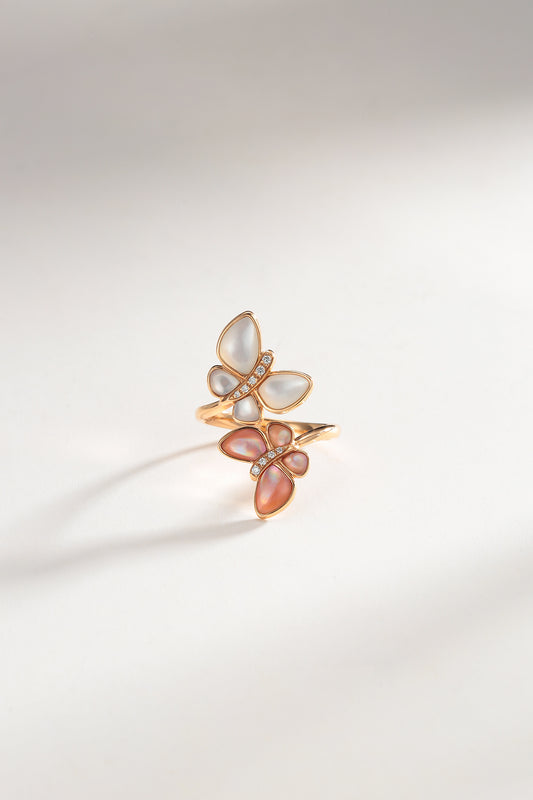 Pink and White Mother of Pearl Fancy Diamond Butterfly Ring