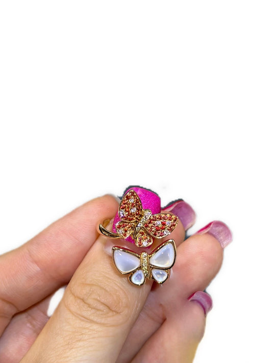 Red Pink Sapphire Fancy Diamond Mother of Pearl Butterfly Ring