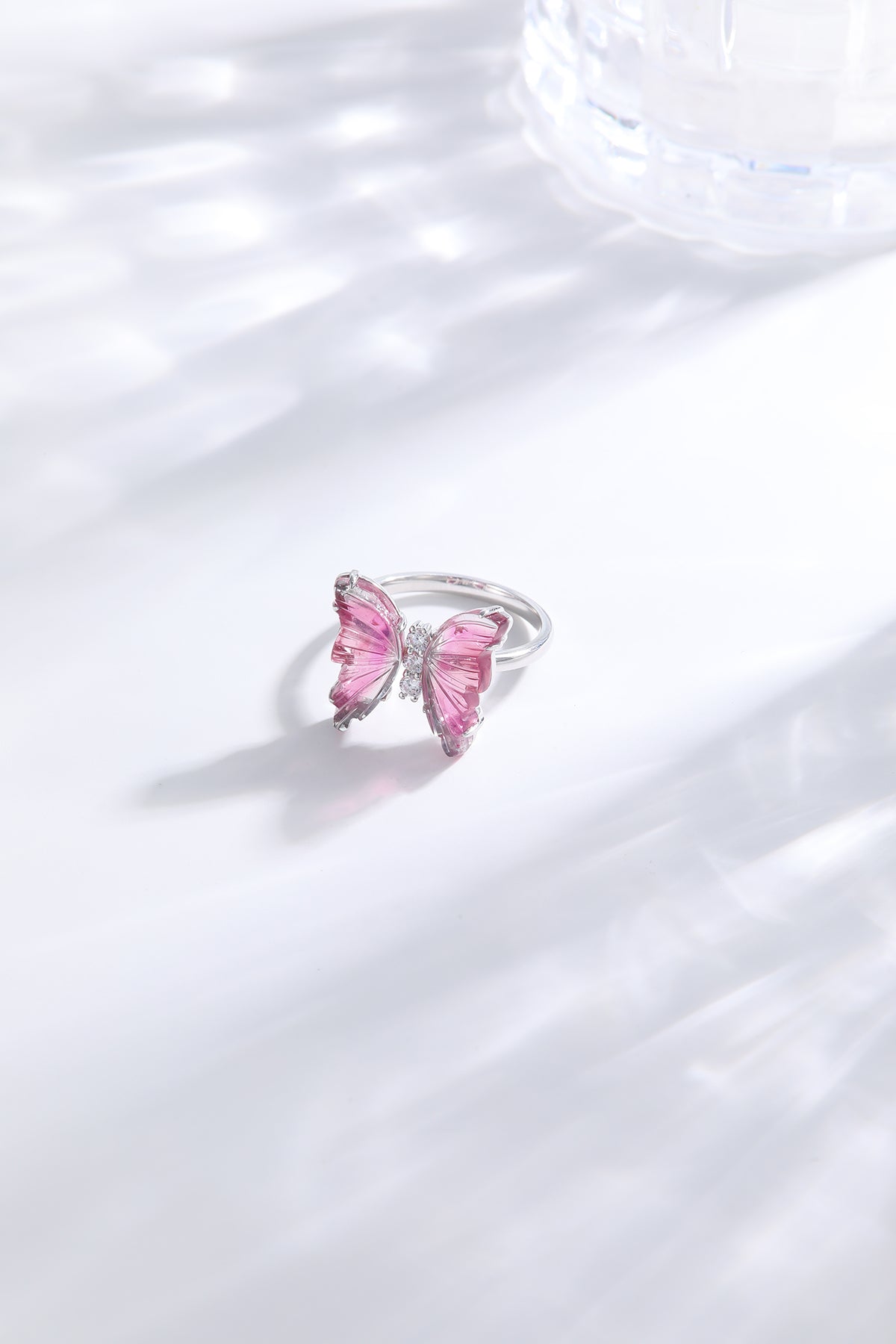 Bi-color Pink-White Tourmaline Butterfly Ring with Diamond