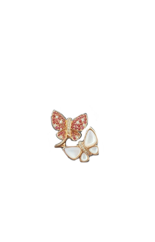 Red Pink Sapphire Fancy Diamond Mother of Pearl Butterfly Ring